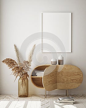 Mock up poster frame in modern interior background, livingroom, Scandinavian style, 3D render photo