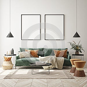 Mock up poster frame in modern interior background, livingroom, Scandinavian style, 3D render