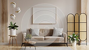 Mock up poster frame in modern interior background with sofa and accessories in the room