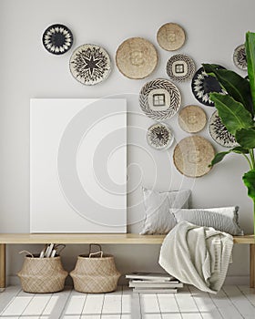 Mock up poster frame in modern interior background with wall baskets, living room, boho style, 3D render