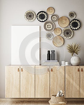 Mock up poster frame in modern interior background with wall baskets, living room, boho style, 3D render