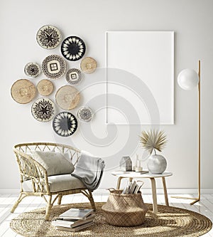 Mock up poster frame in modern interior background with wall baskets, living room, boho style, 3D render