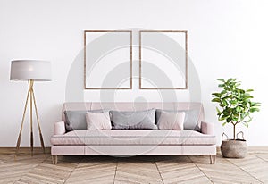 Mock up  poster frame in modern interior design, stylish home decor with pink sofa and rattan basket on white background