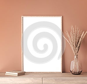 Mock up poster frame in modern interior orange background, Scandinavian style