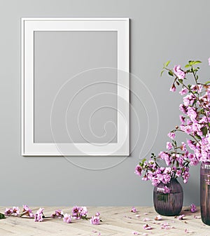 mock up poster frame in modern interior with pink flowers and gray background, living room, Scandinavian style, 3D render