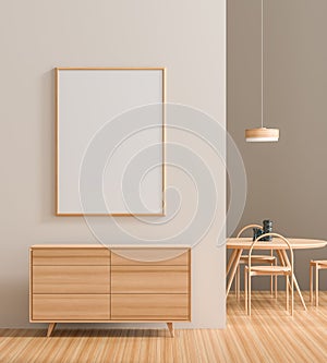 Mock up poster frame in modern interior with wooden furnitures.  Minimalist dining room design. 3D illustration photo