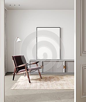 mock up poster frame in modern light interior background, living room, Scandinavian style, 3D render, 3D illustration