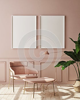 Mock up poster frame in modern monochrome interior background, living room, Scandinavian style, 3D render, 3D illustration