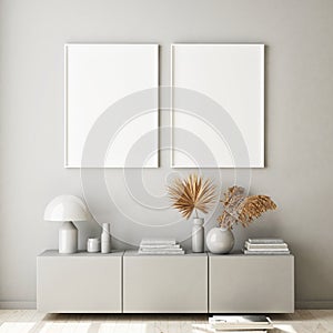 Mock up poster frame in modern monochrome interior background, living room, Scandinavian style, 3D render, 3D illustration