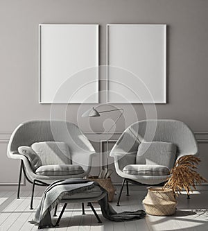 Mock up poster frame in modern monochrome interior background, living room, Scandinavian style, 3D render, 3D illustration