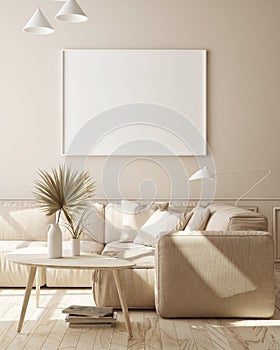 Mock up poster frame in modern monochrome interior background, living room, Scandinavian style, 3D render, 3D illustration