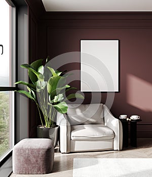 mock up poster frame in modern red interior background, living room, Scandinavian style, 3D render, 3D illustration