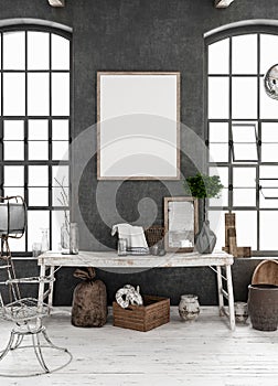 Mock-up poster frame in old shabby interior background, Scandinavian style