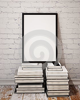 Mock up poster frame on palle of books in loft interior
