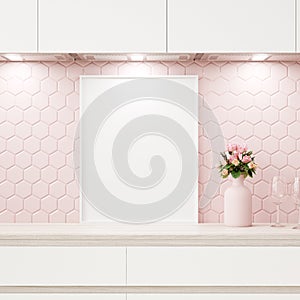 Mock up poster frame in pastel pink kitchen interior