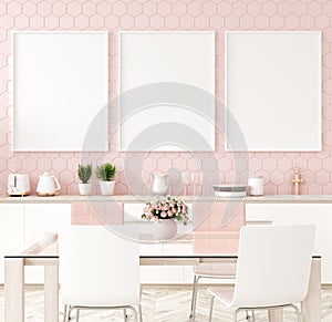Mock up poster frame in pastel pink kitchen interior