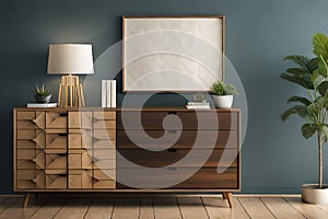 Mock up poster frame with on retro chest of drawers, hipster interior background