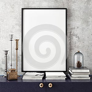 Mock up poster frame with on retro chest of drawers, hipster interior background,