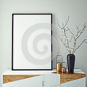 Mock up poster frame with on retro chest of drawers, hipster interior background,