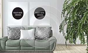 Mock up poster frame room with sofa green and decoration plants.3D rendering