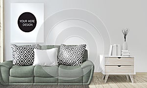 Mock up poster frame room with sofa green and decoration plants.3D rendering