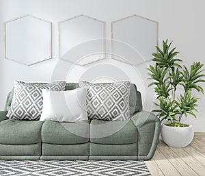 Mock up poster frame room with sofa green and decoration plants.3D rendering