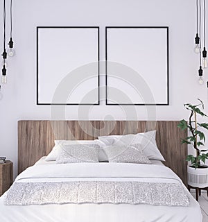 Mock-up poster frame in rustic bedroom interior background