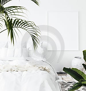 Mock-up poster frame in Scandi-boho style bedroom