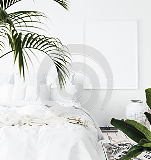 Mock-up poster frame in Scandi-boho style bedroom photo