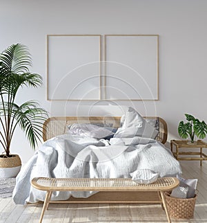 Mock-up poster frame in Scandinavian bedroom, Bohemian style