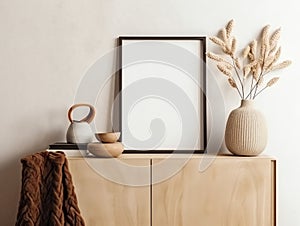 Mock up poster frame in scandinavian interior background. Scandinavian style. 3d render. Made with Generative AI