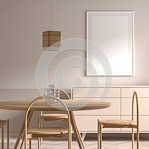 Mock up poster frame in Scandinavian style dining room with wooden chair and table.  Minimalist dining room design. 3D