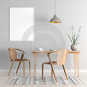 Mock up poster frame in Scandinavian style hipster interior. 3D