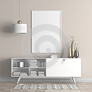 Mock up poster frame in Scandinavian style hipster interior. 3D