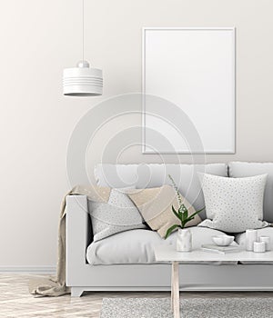 Mock up poster frame in Scandinavian style hipster interior. 3D