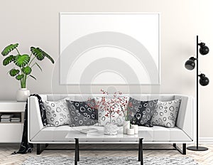 Mock up poster frame in Scandinavian style hipster interior. 3D