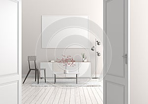 Mock up poster frame in Scandinavian style hipster interior. 3D