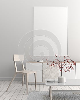 Mock up poster frame in Scandinavian style hipster interior. 3D