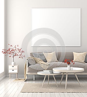 Mock up poster frame in Scandinavian style hipster interior. 3D