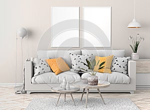 Mock up poster frame in Scandinavian style hipster interior. 3D illustration