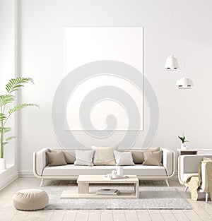 .Mock up poster frame in Scandinavian style hipster interior. 3D illustration