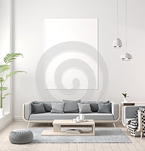 .Mock up poster frame in Scandinavian style hipster interior. 3D illustration