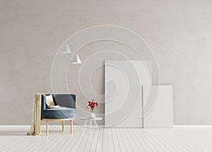 Mock up poster frame in Scandinavian style hipster interior. Minimalist interior with armchair. 3D illustration