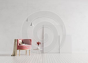 Mock up poster frame in Scandinavian style hipster interior. Minimalist interior with armchair. 3D illustration