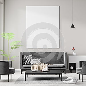 Mock up poster frame in Scandinavian style hipster interior. Minimalist modern interior design. 3D illustration