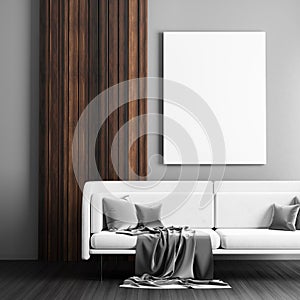 Mock up poster frame in Scandinavian style hipster interior. Minimalist modern interior design. 3D illustration