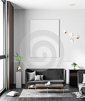 Mock up poster frame in Scandinavian style hipster interior. Minimalist modern interior design. 3D illustration