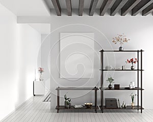 Mock up poster frame in Scandinavian style hipster interior. White modern interior. 3D illustration