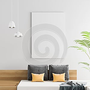 Mock up poster frame in Scandinavian style hipster interior. White modern interior. 3D illustration