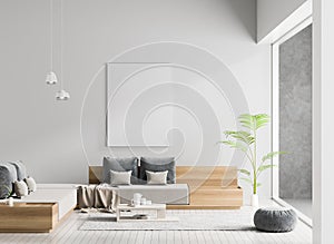 Mock up poster frame in Scandinavian style hipster interior. White modern interior. 3D illustration